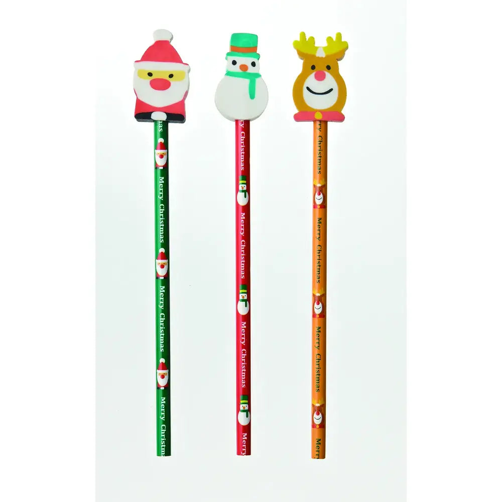 クリスマスモチーフの消しゴム付き鉛筆、天然木使用で3型混デザイン
