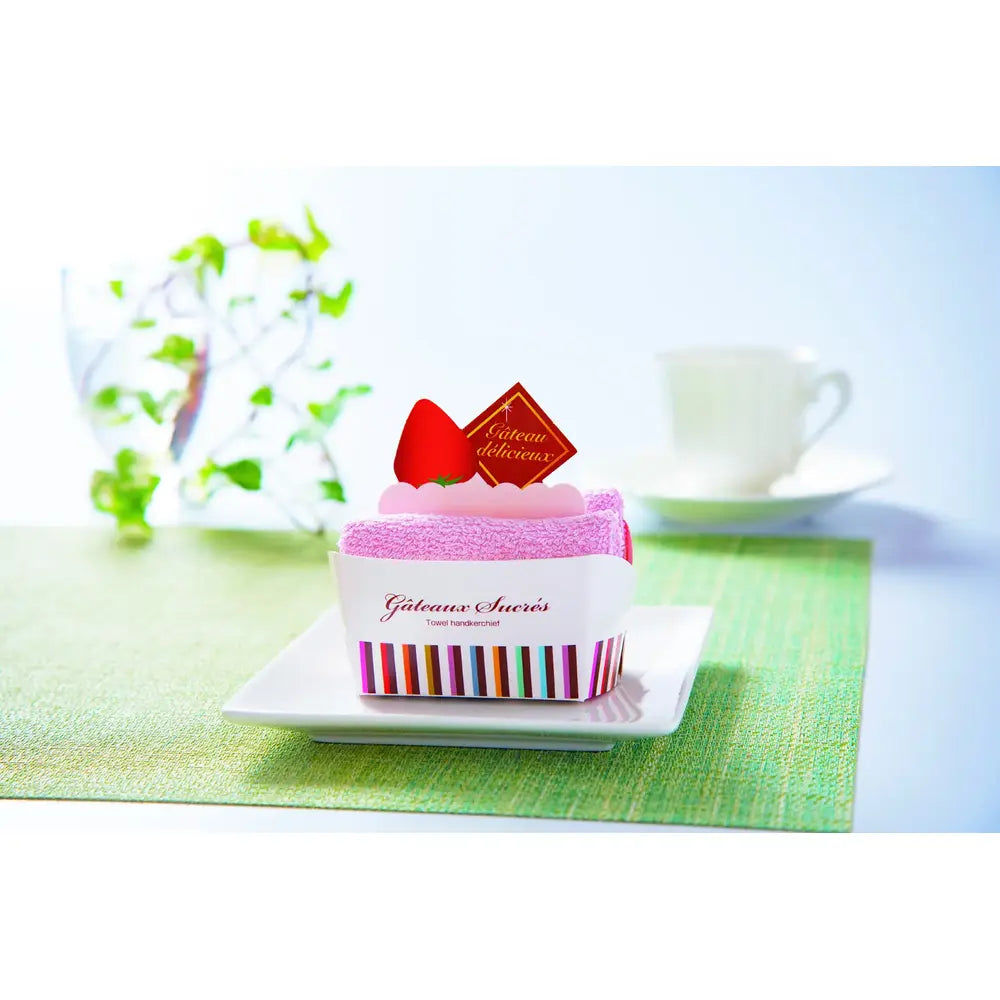 ショートケーキタオル: 綿100%、23x23cm、3色、リボン包装の可愛いスイーツデザイン