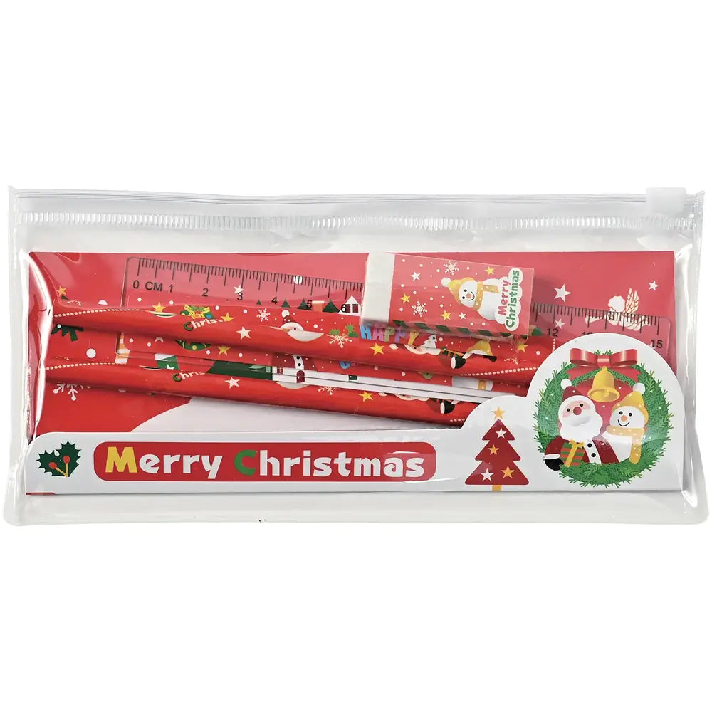 Xmasステーショナリーセット (ポーチ付)、冬イベント用ノベルティ、PVC素材ポーチ入り文具セット