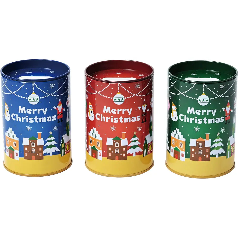 ペン立て缶貯金箱(クリスマス)ブリキ製、3色デザイン、φ75×105mm