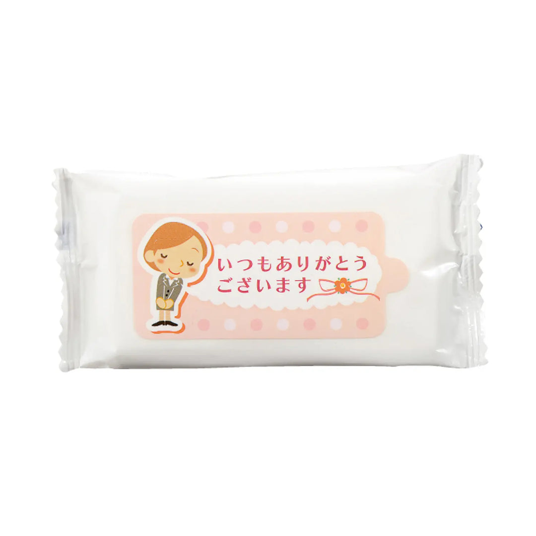 「ありがとう」ミニウェットティッシュ10枚入 ピンク 不織布 感謝用パッケージ