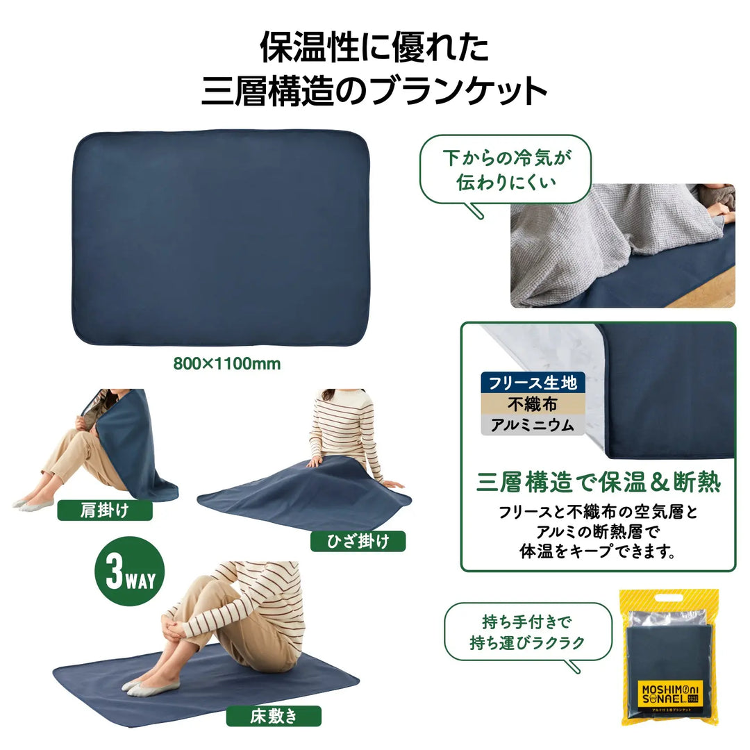 モシモニソナエル アルミ付3層ブランケット、多用途で保温性抜群の防寒アイテム