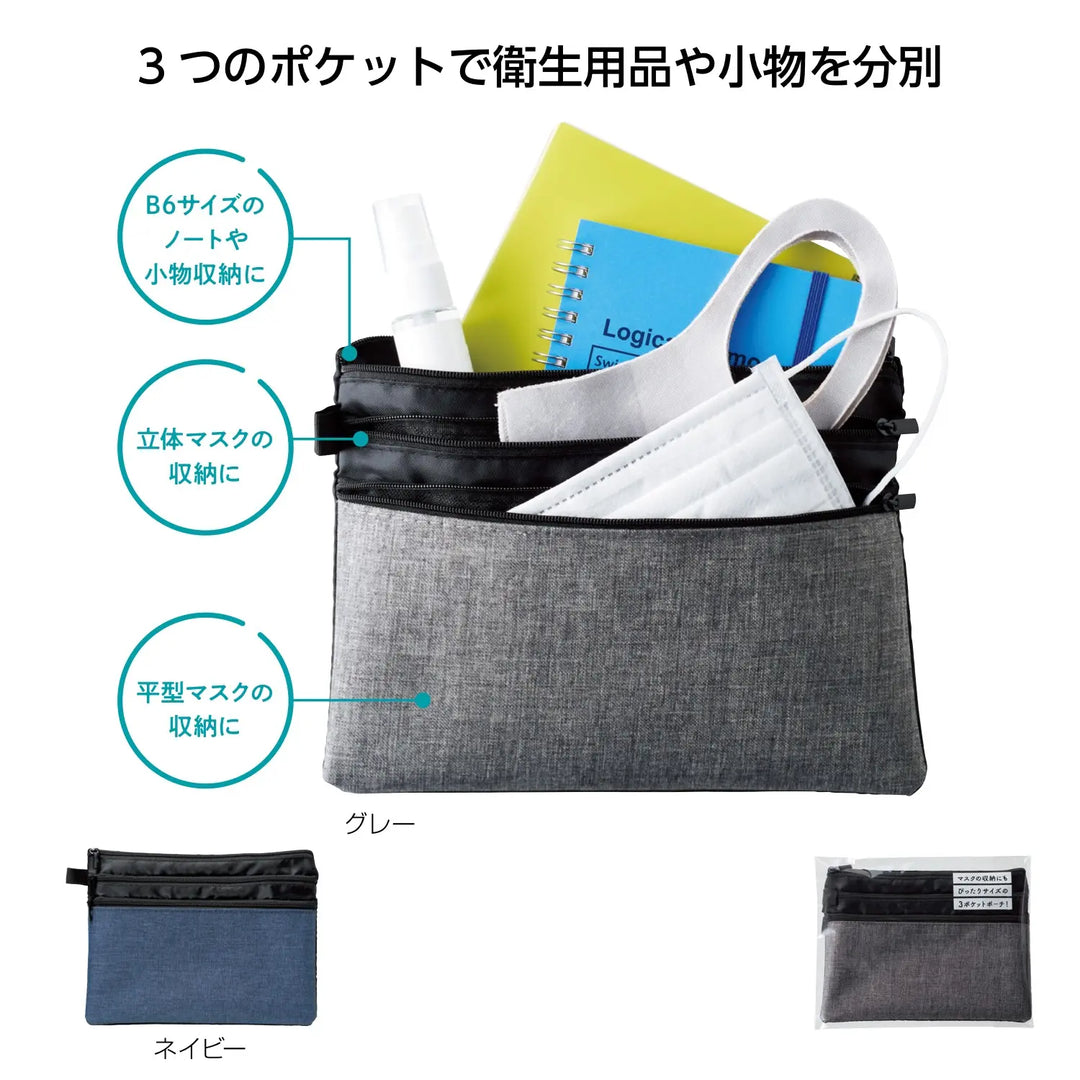 3ポケットポーチ、ポリエステル製、多用途で便利、グレー・ネイビーの2色展開
