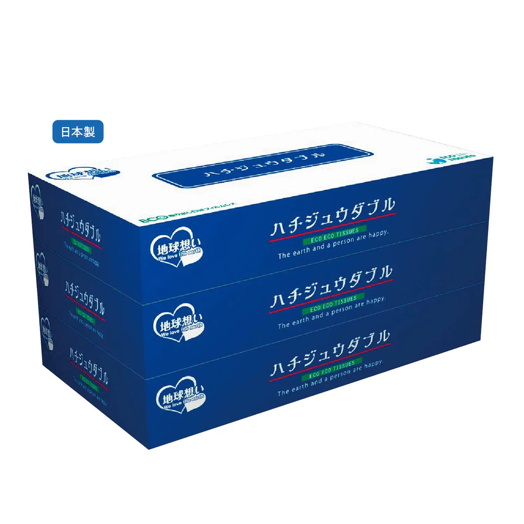 ハチジュウダブルBOXティッシュ80W3個組 日本製 エコなパルプ素材 使用