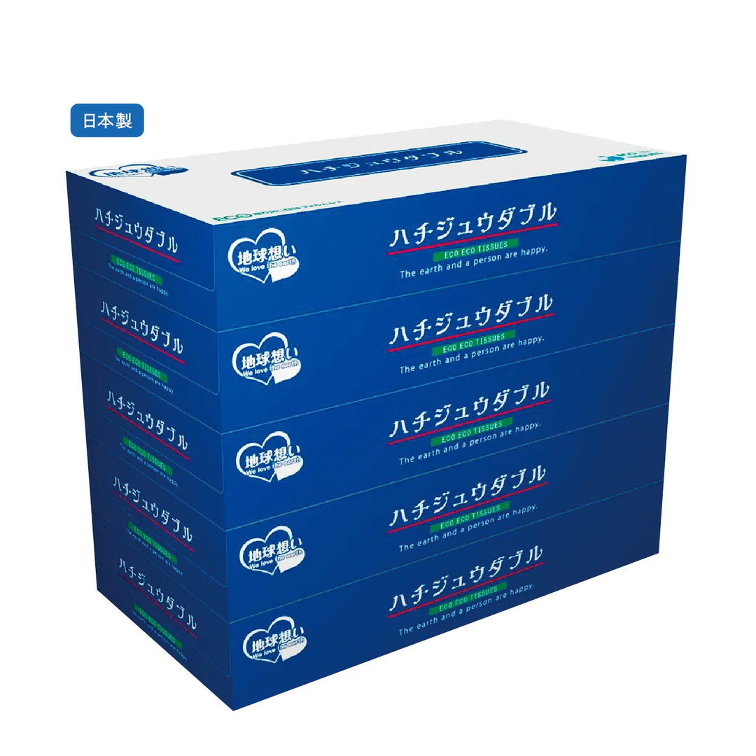 ハチジュウダブルBOXティッシュ80W5個組、エコなパルプ素材の日本製ティッシュ