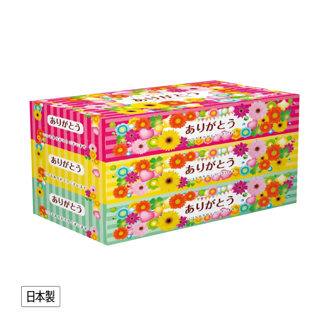 ありがとうBOXティッシュ150W3個組、日本製、感謝の気持ちを込めたデザイン
