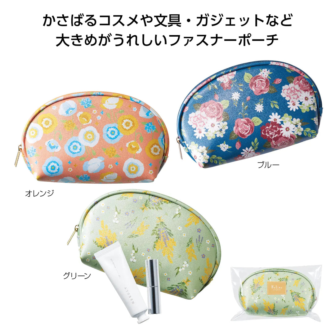 フェリテ ラウンドポーチ、花模様、3色、収納力抜群、ポリウレタン製