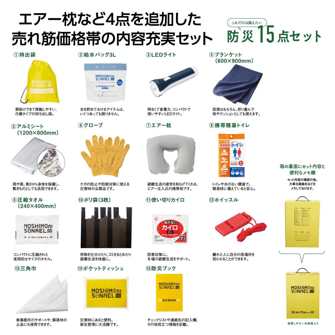 モシモニソナエル防災15点セット、防災袋と多機能備品の化粧箱入り