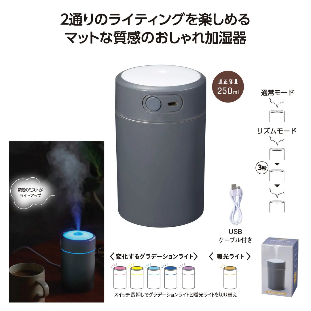 2パターンライト加湿器、マットな筒型デザイン、USBケーブル付、名入れ対応