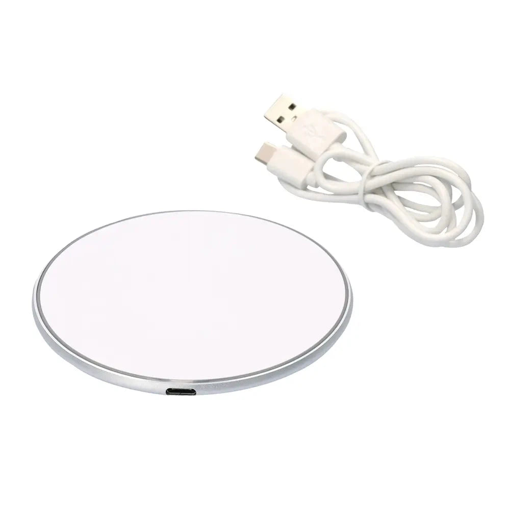 アルミワイヤレス充電器:アルミ製、直径10cm、USBケーブル付き、化粧箱入り