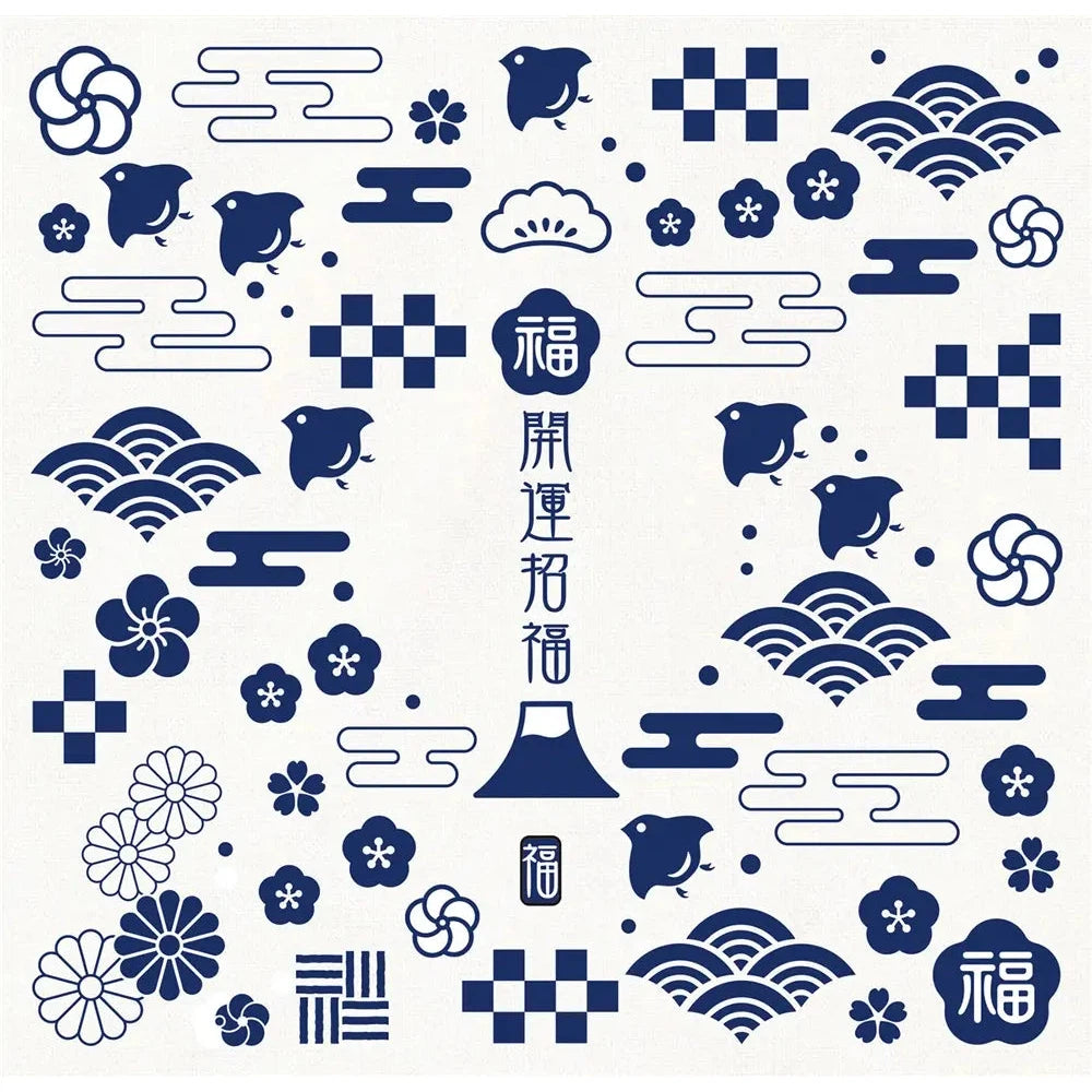 福づくしふきん1枚(和柄)、綿素材、縁起の良いデザイン、35×34cm