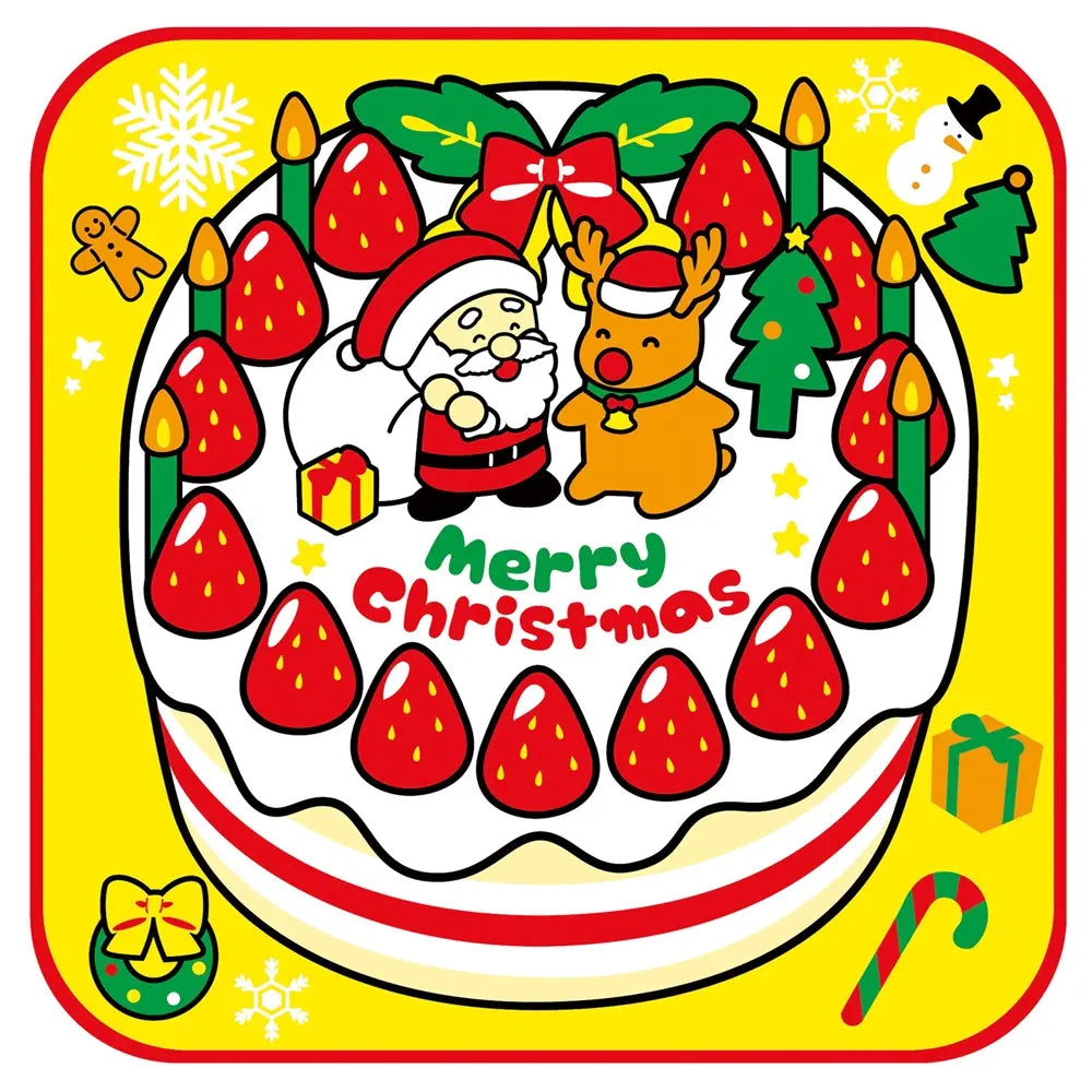クリスマスケーキ柄のタオルハンカチ、綿製、20×20cm、ポリ袋入り