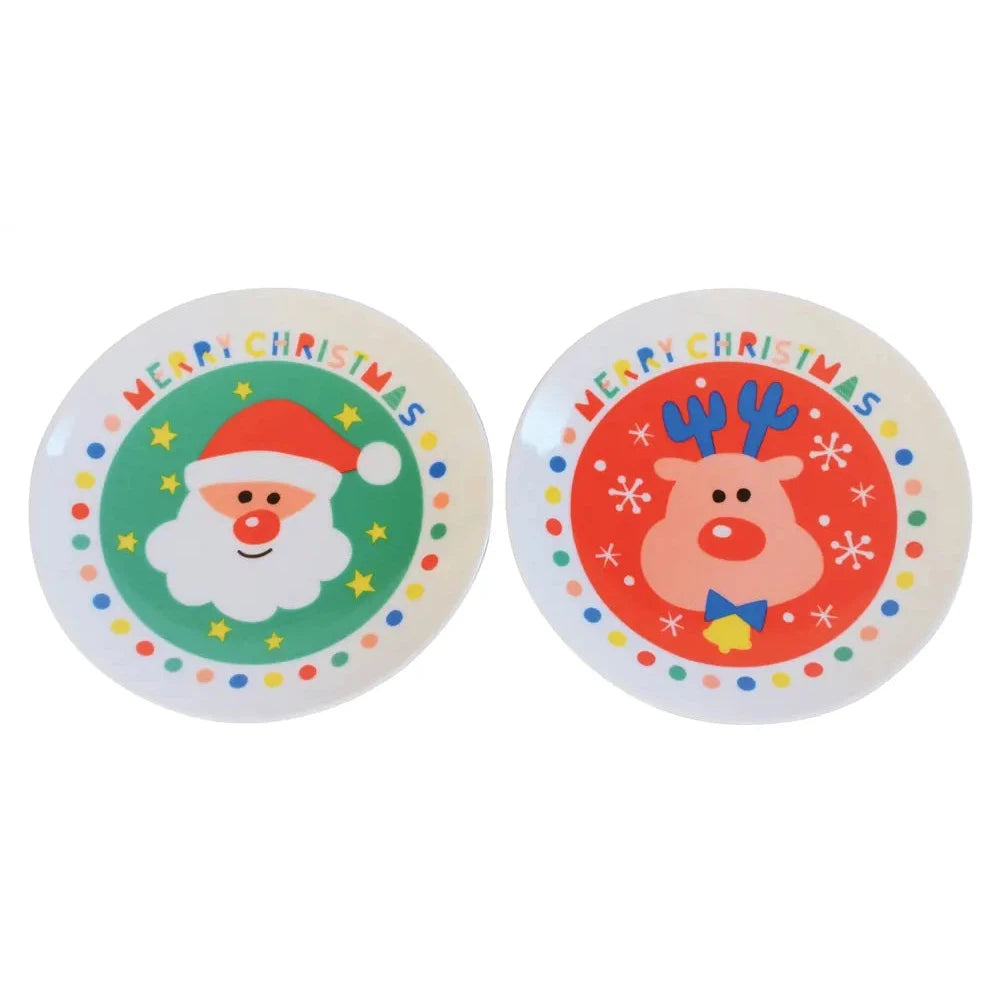 HAPPY クリスマスケーキ皿 サンタとトナカイのカラフルな陶器製デザイン