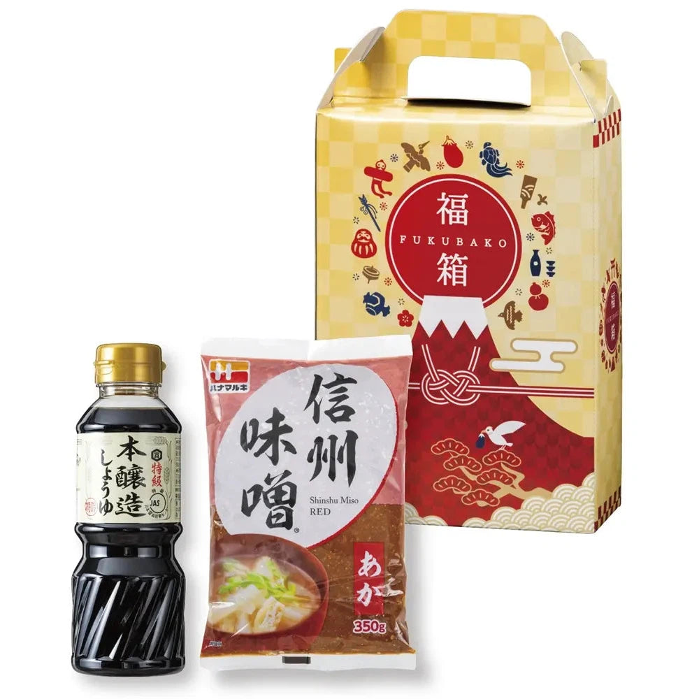 紅富士福箱 調味料2点セット 本醸造しょうゆと信州味噌入り 持ち手付福箱