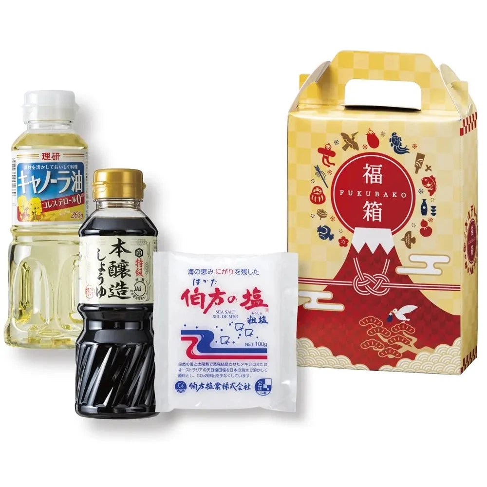 紅富士福箱 調味料3点セット: 本醸造しょうゆ、キャノーラ油、伯方の塩