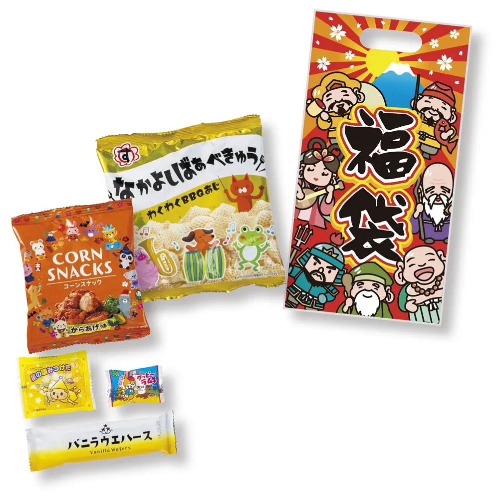 七福神お菓子福袋5点セット、鮮やかな持ち手付袋入り、コスパ抜群
