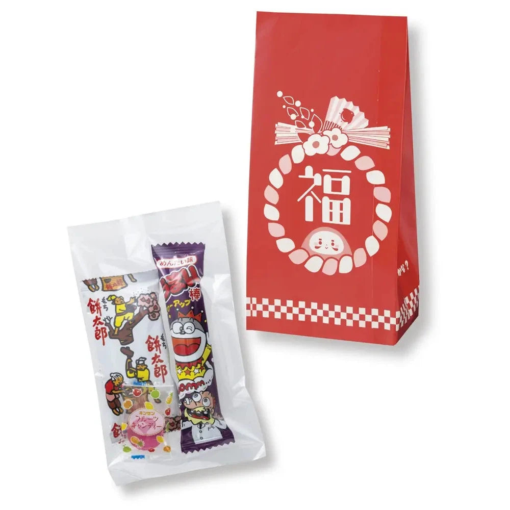 お菓子福袋3点セット、キッズ向けうまい棒等入りポリ袋パッケージ