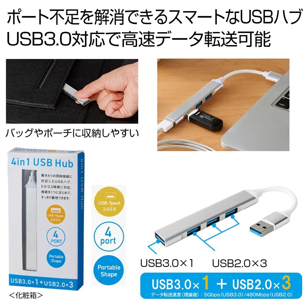 便利な4in1USBハブ、アルミ合金製、ポート不足解消、化粧箱入り