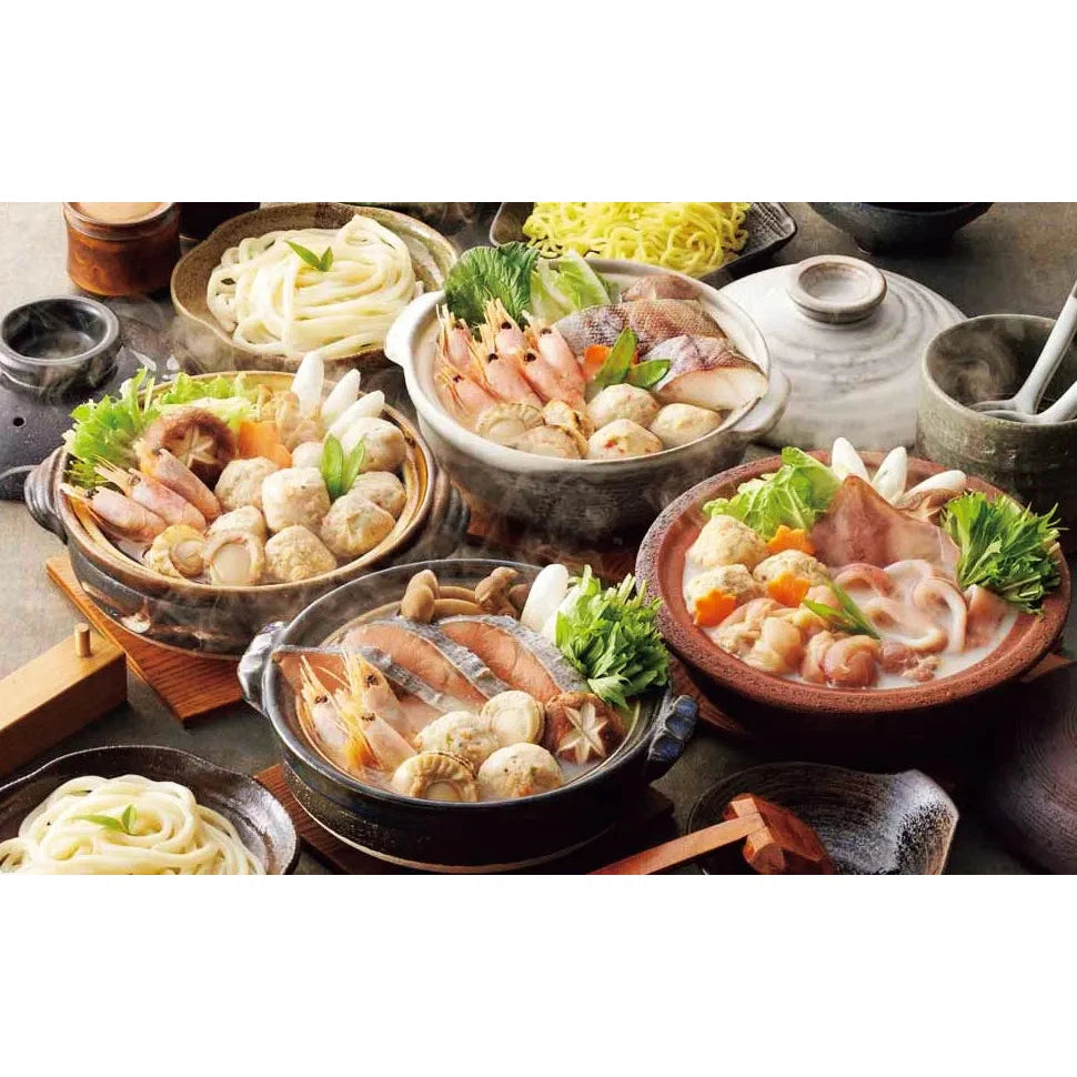 "4種の人気鍋 食べ比べセット - 石狩, 鶏白湯, 海鮮ちゃんこ, つみれ鍋"