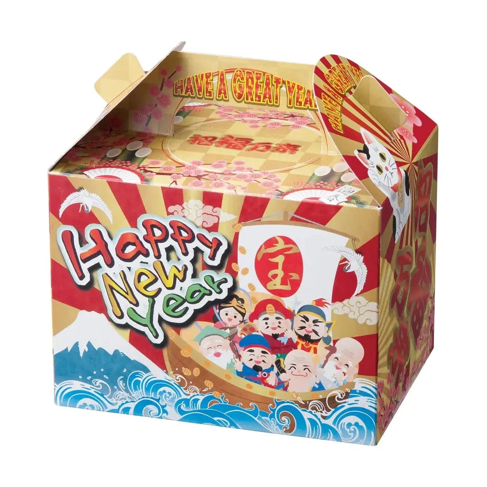 迎春お菓子ボックス6点、七福神イラスト入り化粧箱、年始ノベルティ向け