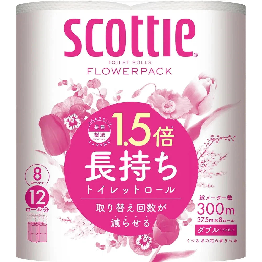 スコッティフラワーパック1.5倍長持ち8ロールダブル、37.5m、魅力的な花柄デザイン