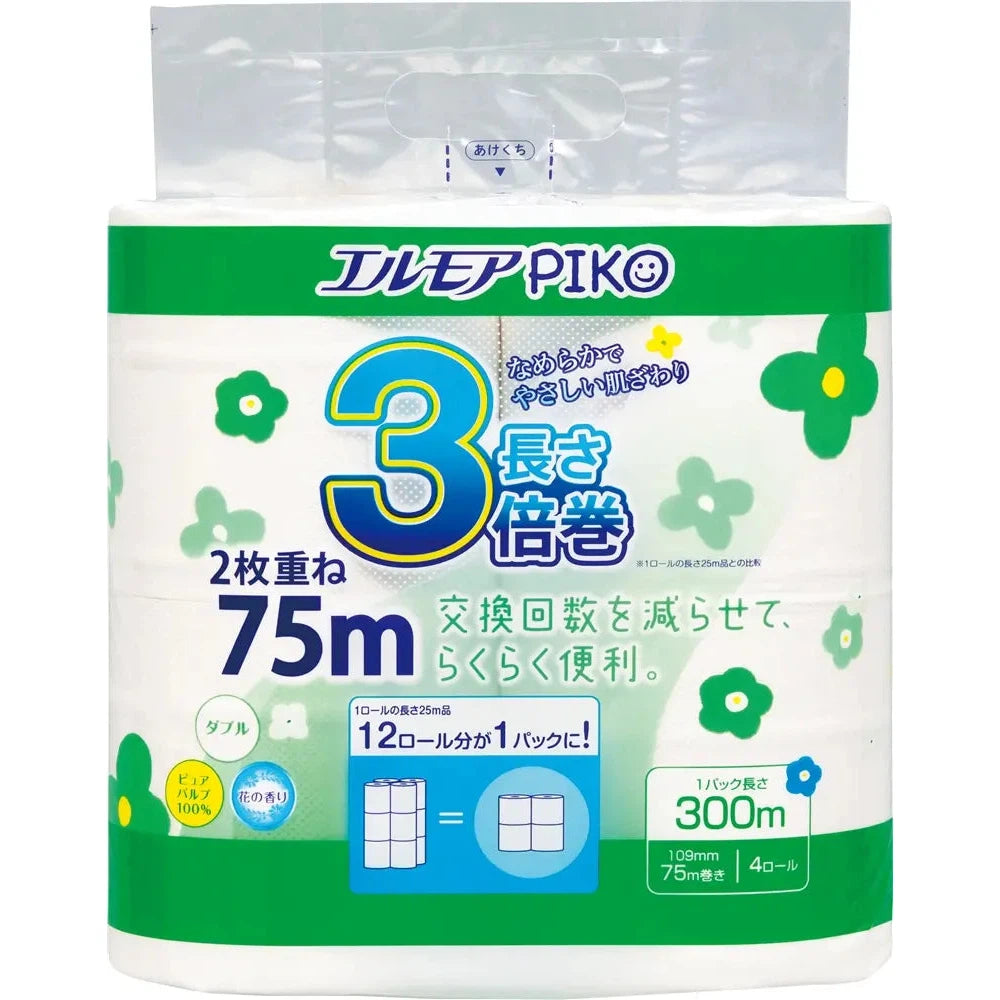 エルモアピコ3倍巻4ロールダブル75m、ピュアパルプ100%なめらか肌ざわり