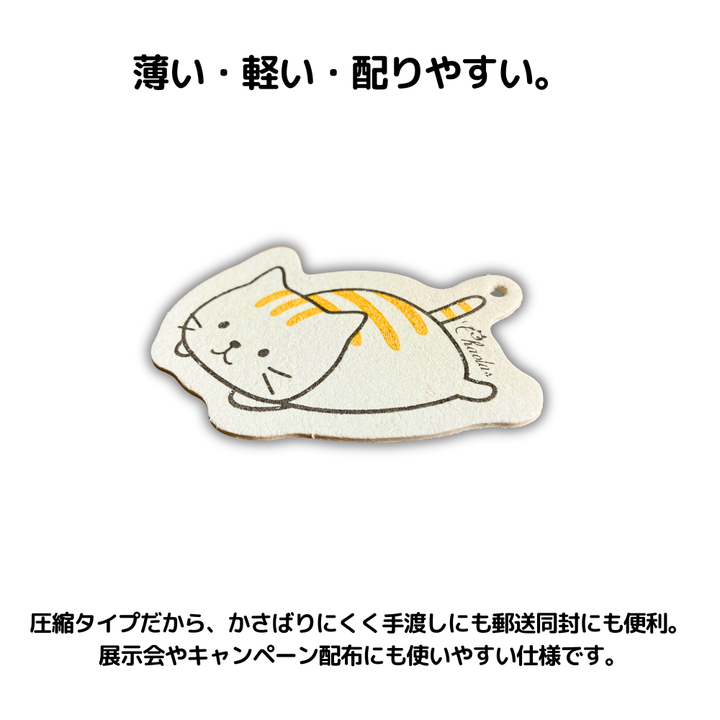 薄い・軽い・配りやすい。圧縮タイプだから、かさばりにくく手渡しにも郵送同封にも便利。
 展示会やキャンペーン配布にも使いやすい仕様です。