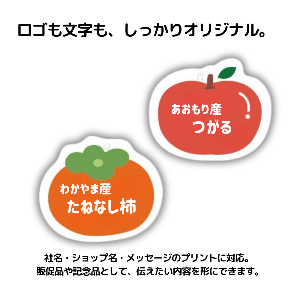 ロゴも文字も、しっかりオリジナル。社名・ショップ名・メッセージのプリントに対応。
 販促品や記念品として、伝えたい内容を形にできます。