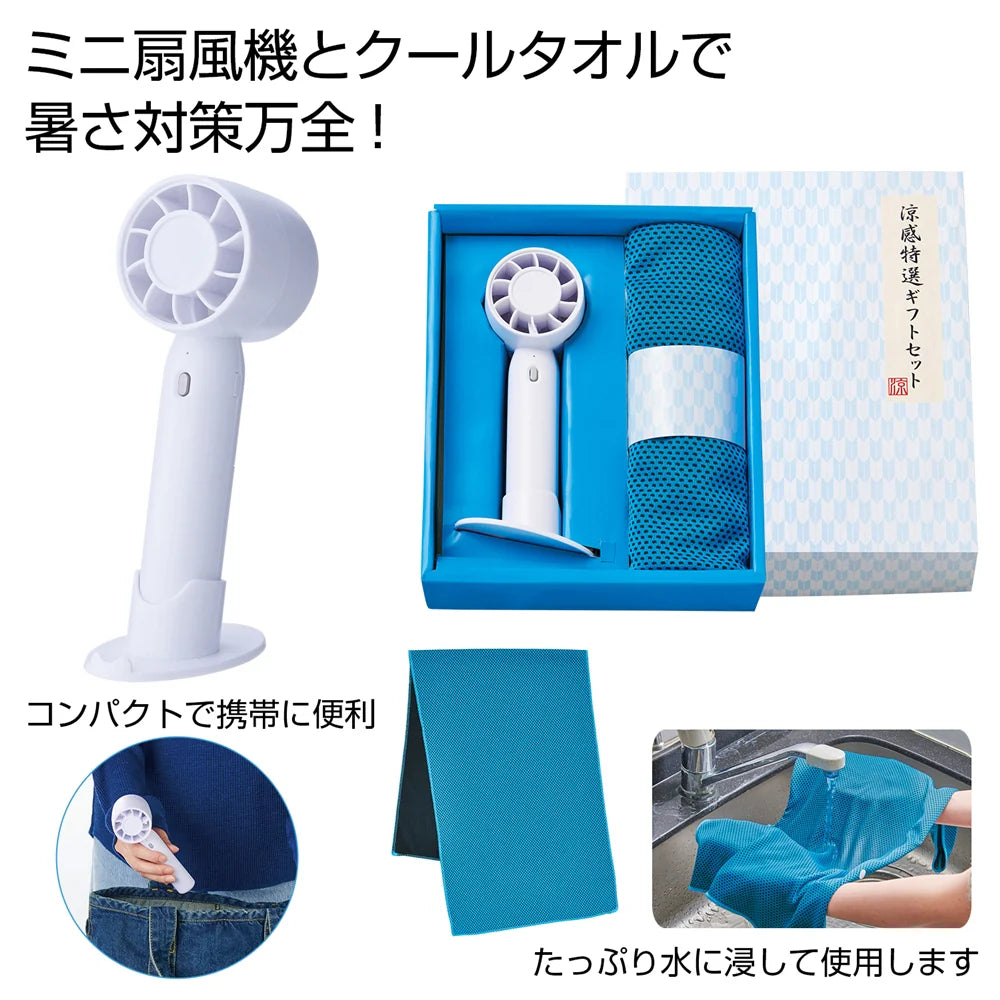 涼感特選ギフトセット: 2WAYハンディーファンとクールタオル、夏の必需品